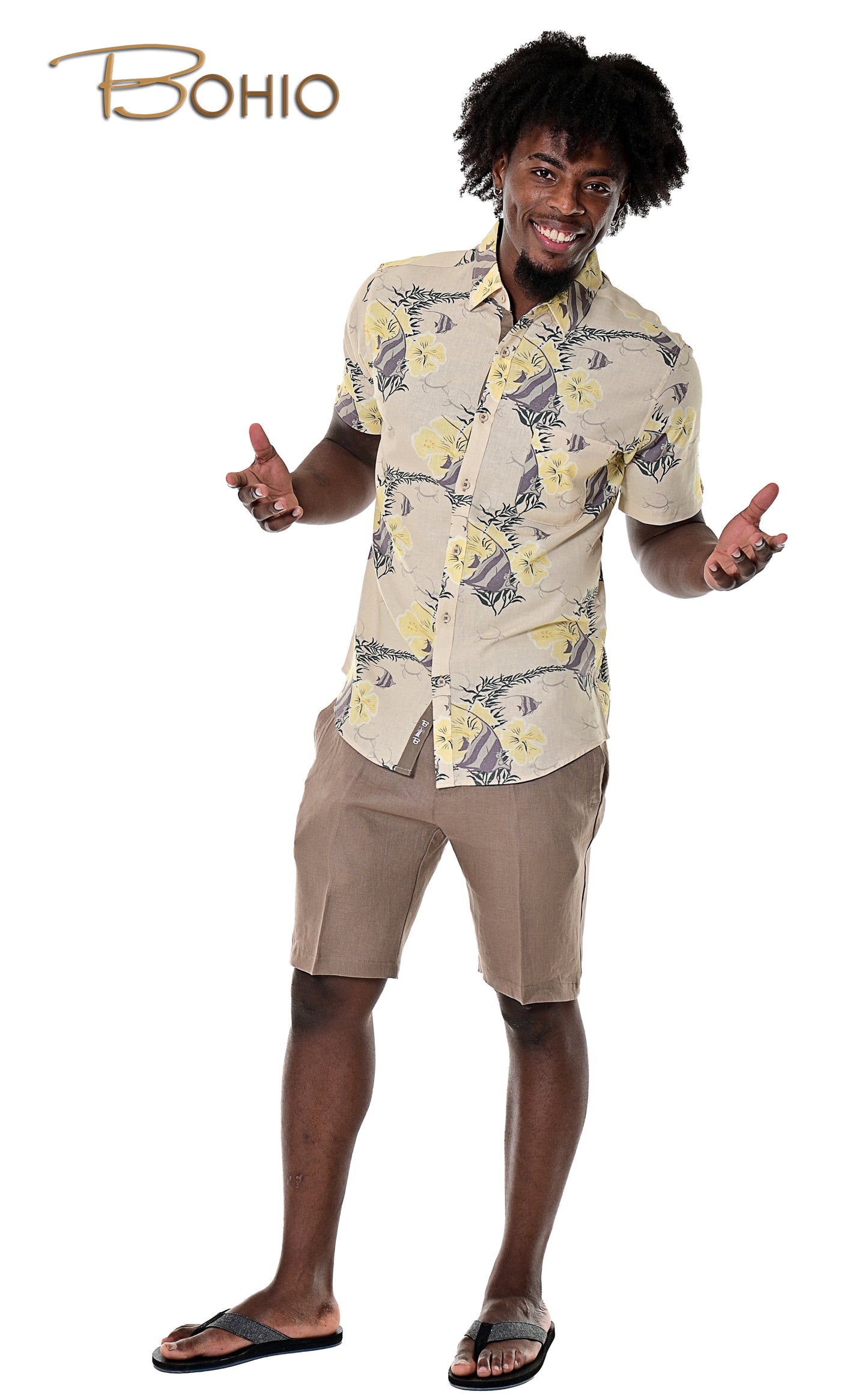 Men Linen Cellulose Shirt Short Sleeve Fish Tropical-MLSP1694 - 6 PCS/PRE-PACK