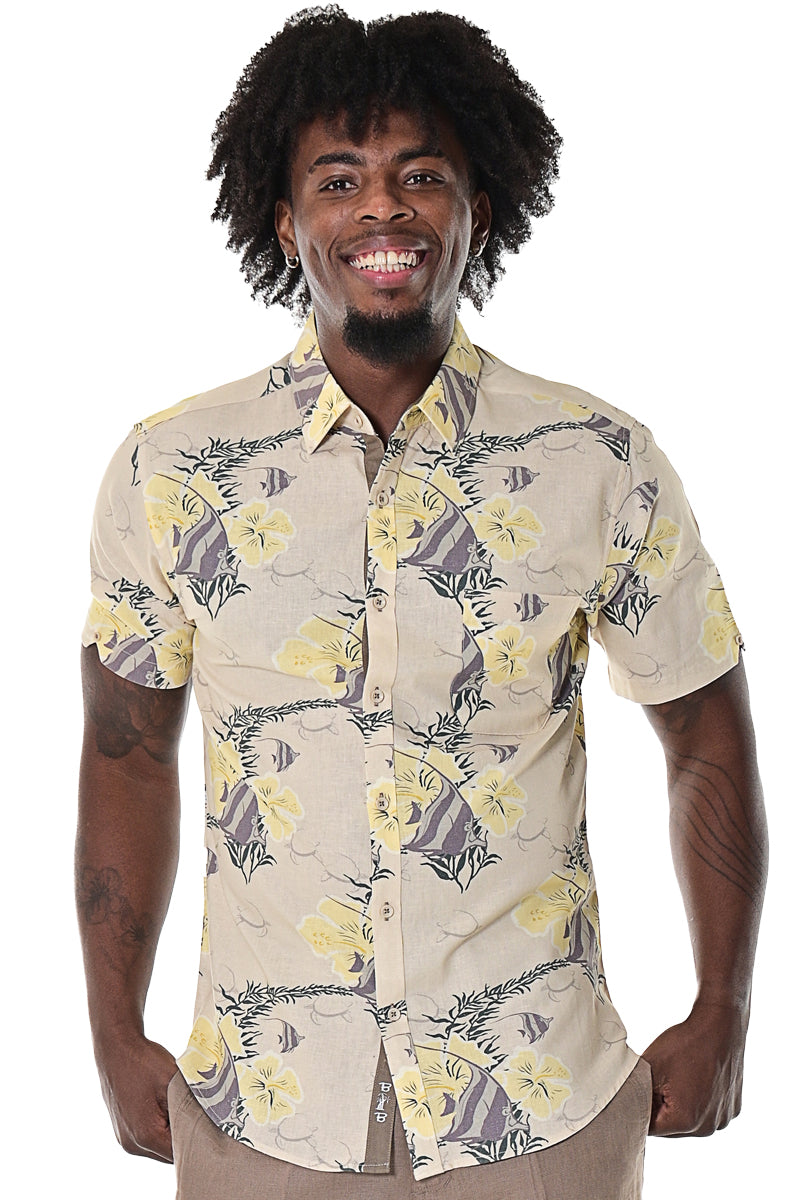 Men Linen Cellulose Shirt Short Sleeve Fish Tropical-MLSP1694 - 6 PCS/PRE-PACK