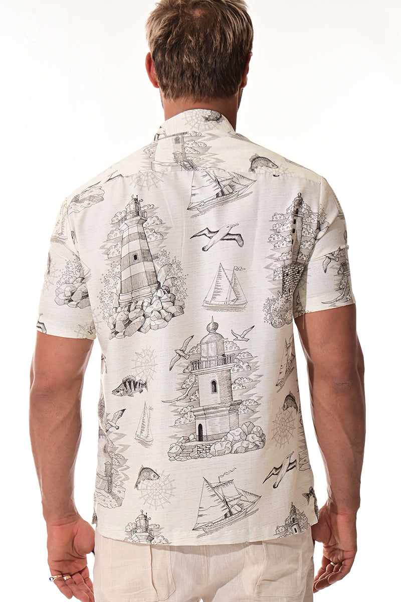 Men's Short Sleeve Button Down Tropical Print Shirt-IVORY- MRS1025 - 6 PCS/PRE-PACK