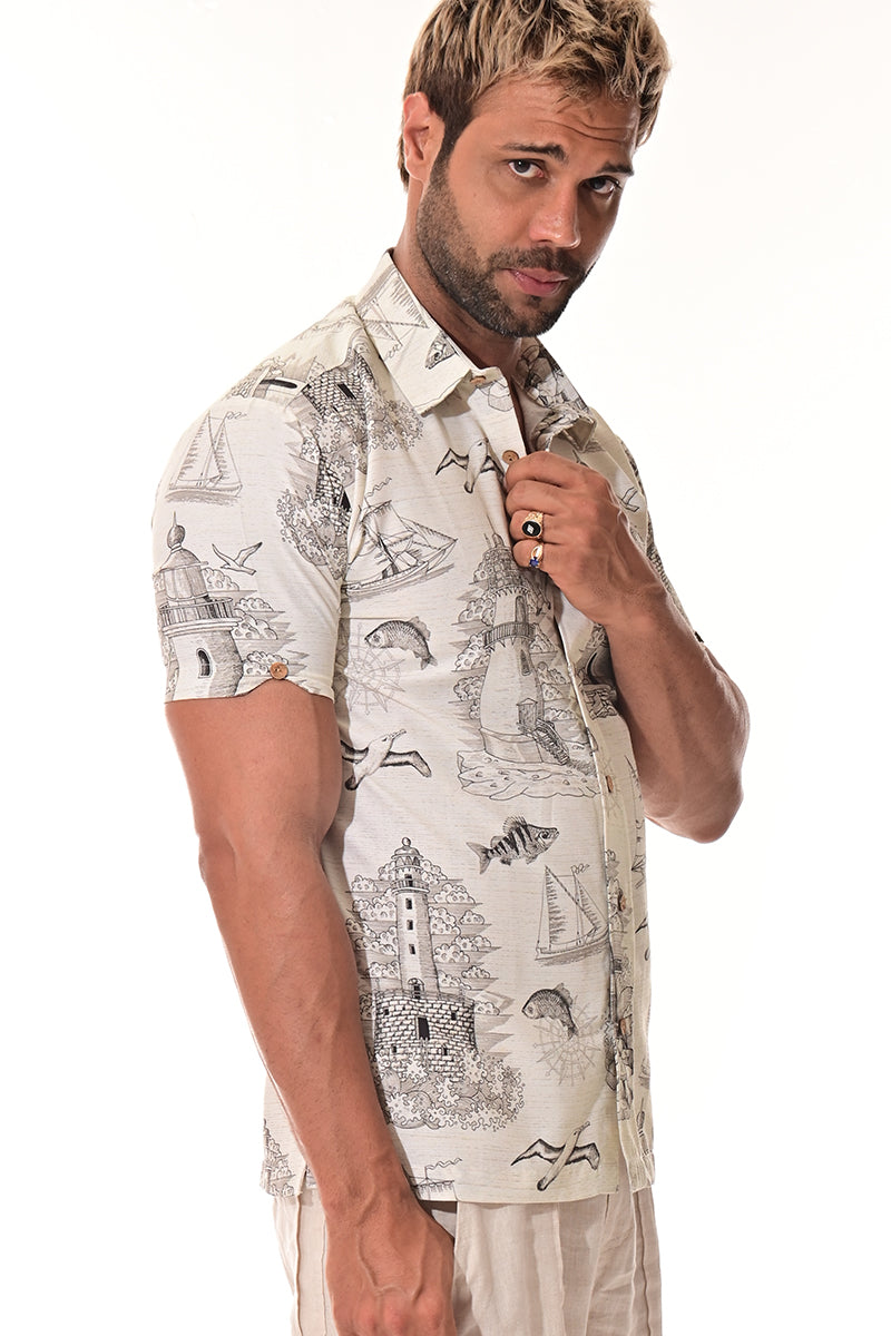 Men's Short Sleeve Button Down Tropical Print Shirt-IVORY- MRS1025 - 6 PCS/PRE-PACK