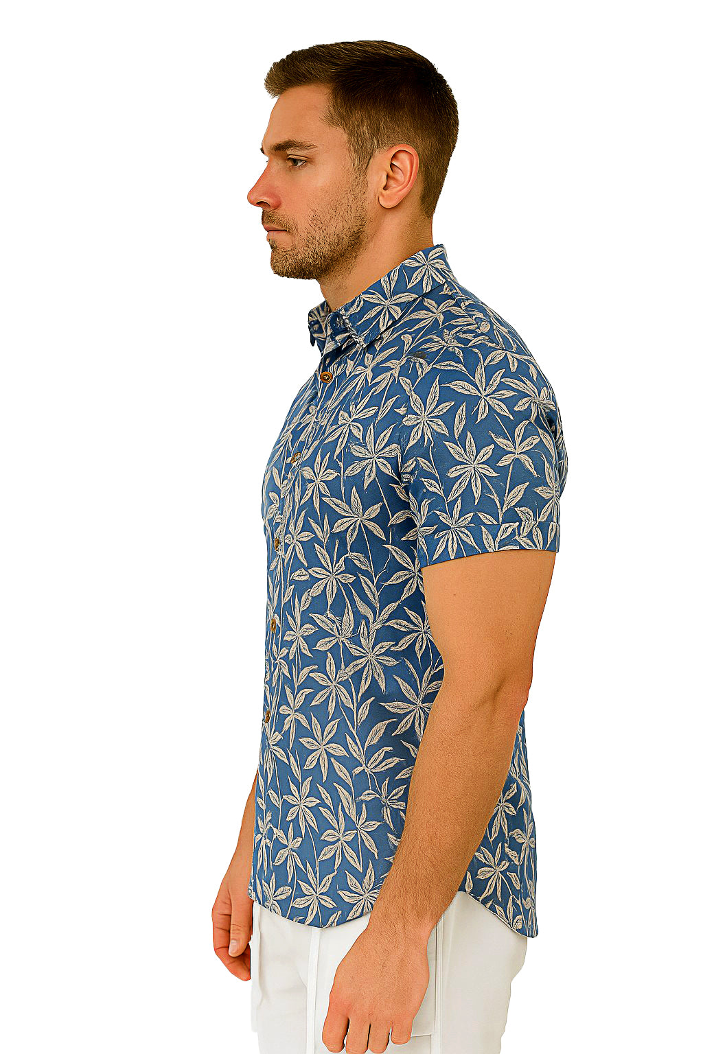 Men Cotton-Poly Short Sleeve Tropical Print Shirt-BLUE/BEIGE-BOHIO - MRS3552 - 6 PCS/PRE-PACK