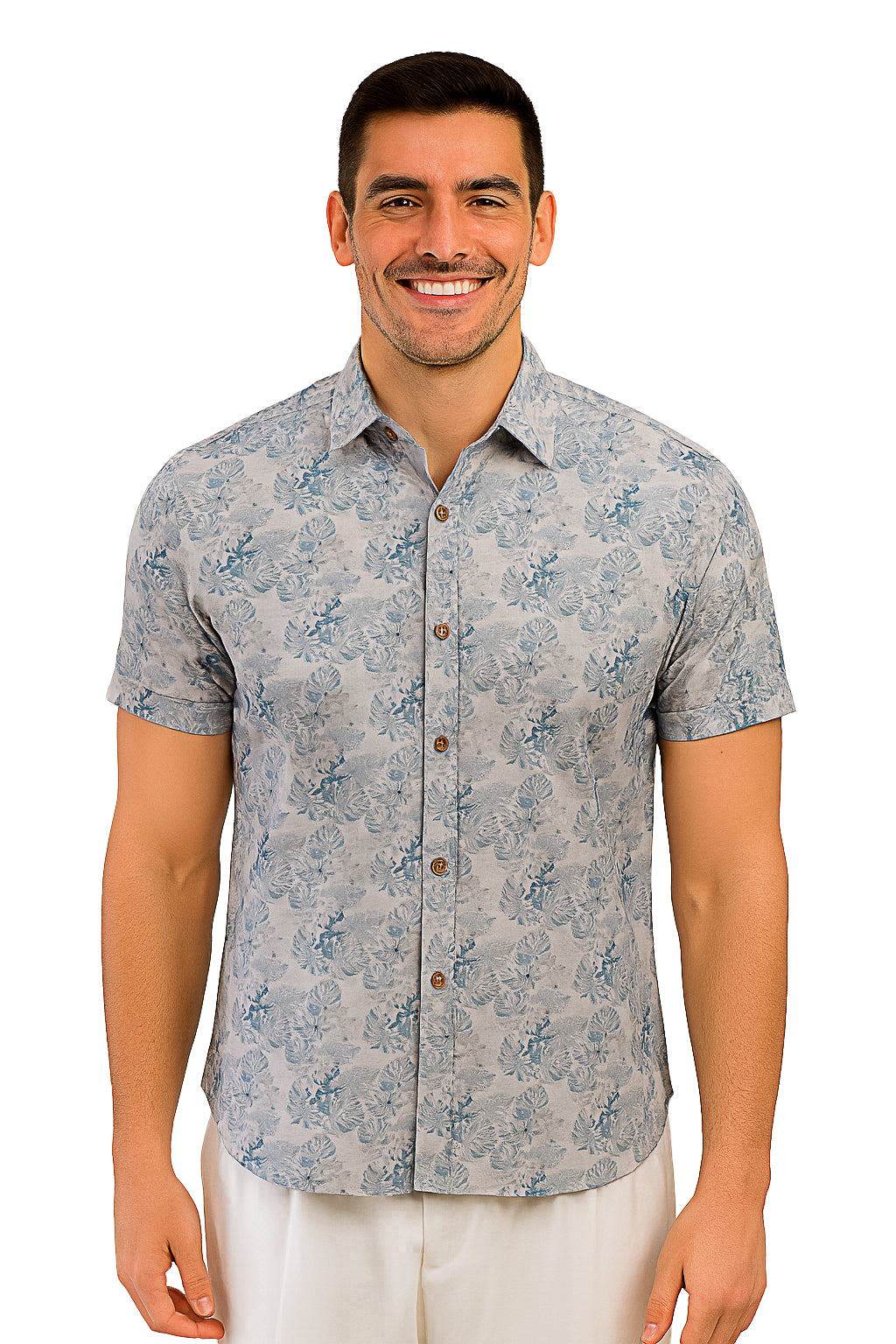 Men Cotton-Poly Short Sleeve Tropical Print Shirt-GRAY-BOHIO - MRS3553 - 6 PCS/PRE-PACK