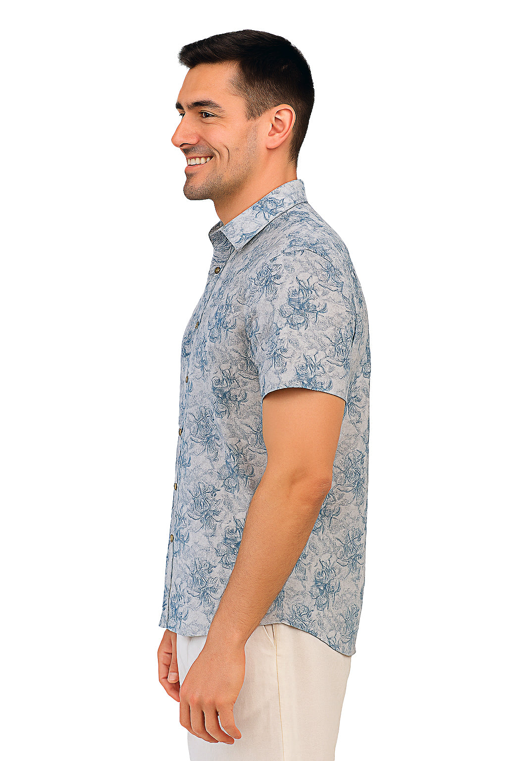 Men Cotton-Poly Short Sleeve Tropical Print Shirt-GRAY-BOHIO - MRS3553 - 6 PCS/PRE-PACK