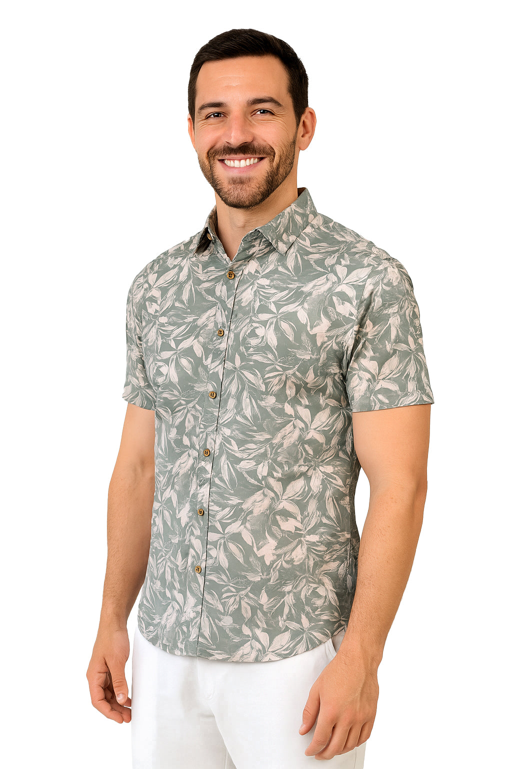 Men Cotton-Poly Short Sleeve Tropical Print Shirt-SAGE/BEIGE-BOHIO - MRS3554 - 6 PCS/PRE-PACK