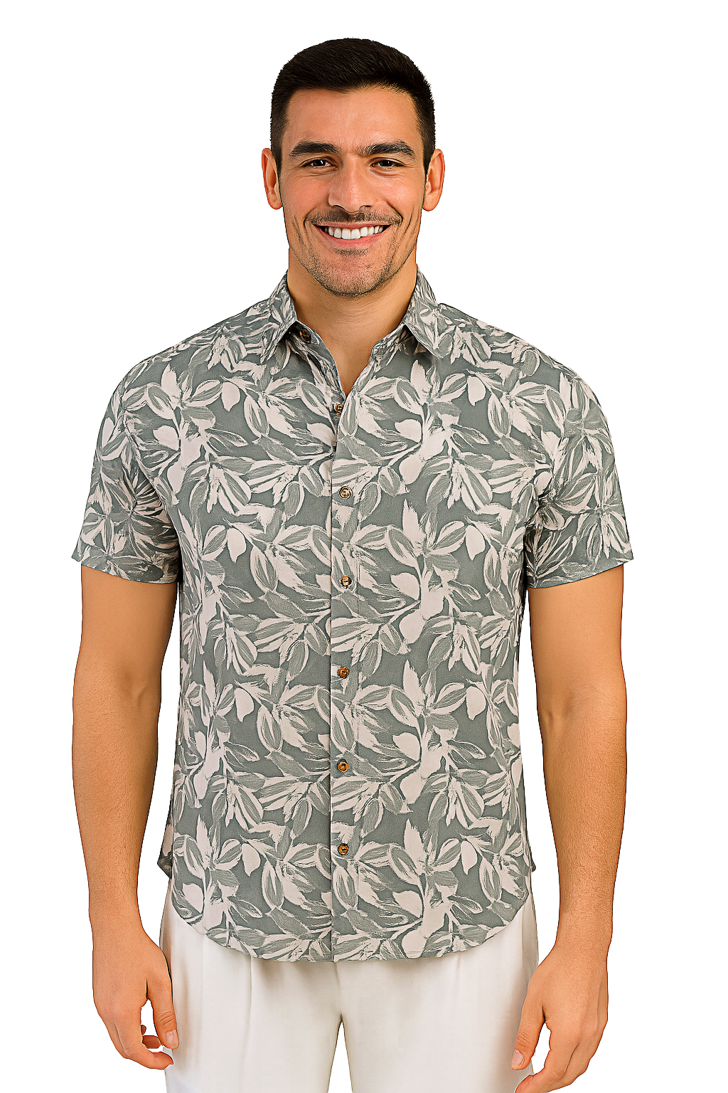 Men Cotton-Poly Short Sleeve Tropical Print Shirt-SAGE/BEIGE-BOHIO - MRS3554 - 6 PCS/PRE-PACK