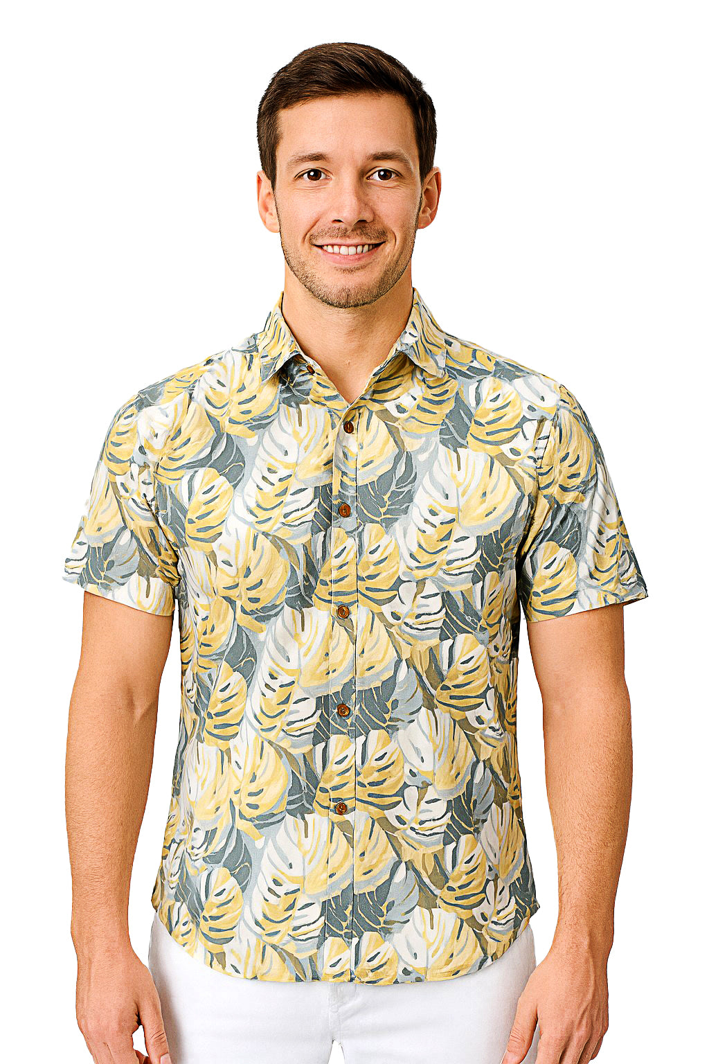 Men Cotton-Poly Short Sleeve Tropical Print Shirt-WHITE/BEIGE-BOHIO - MRS3555 - 6 PCS/PRE-PACK