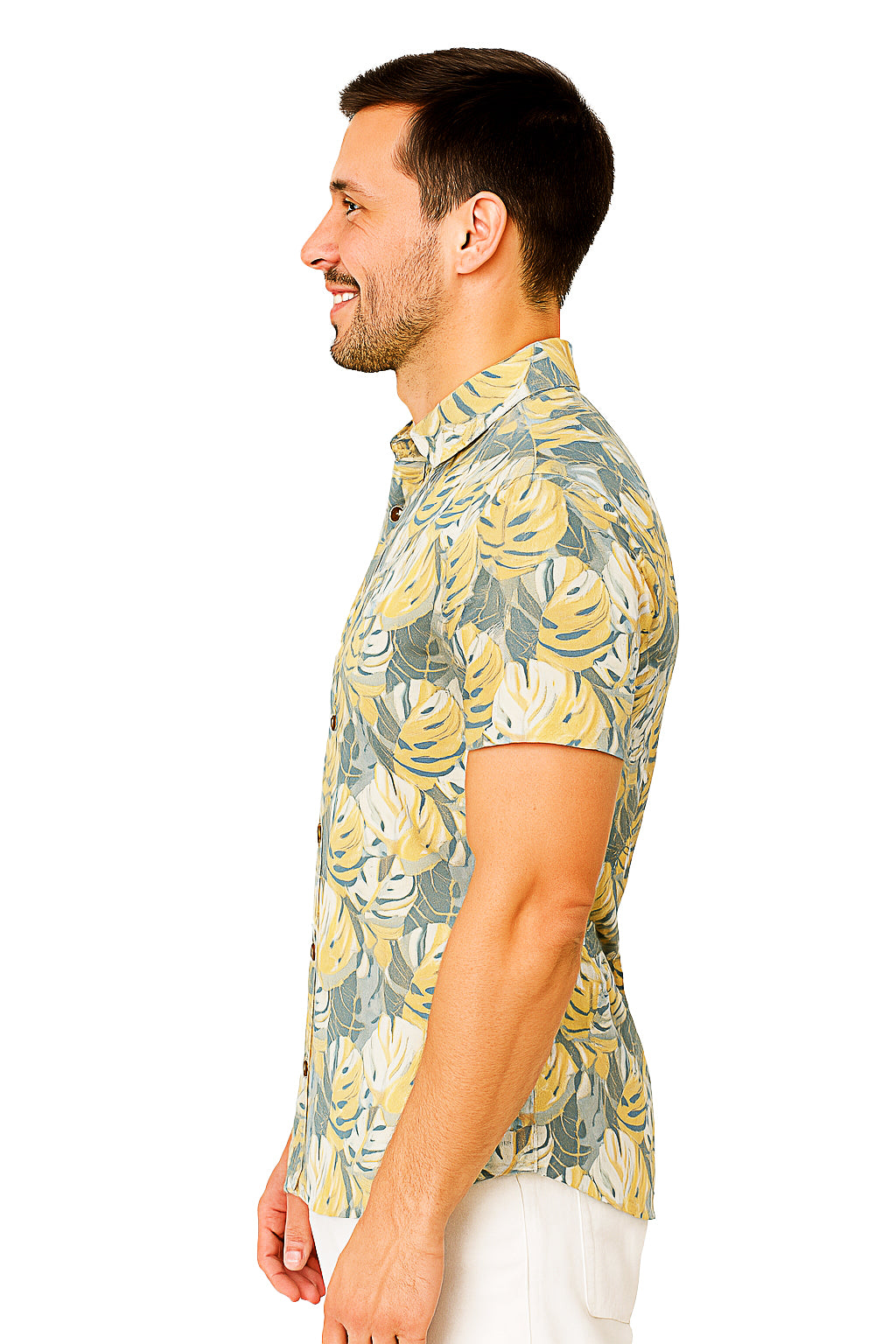 Men Cotton-Poly Short Sleeve Tropical Print Shirt-WHITE/BEIGE-BOHIO - MRS3555 - 6 PCS/PRE-PACK