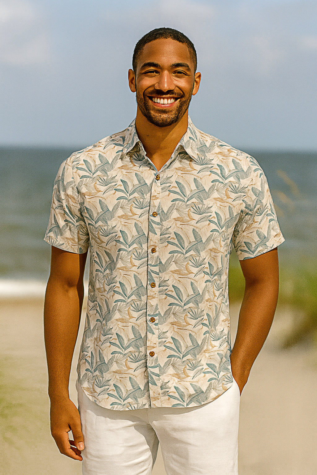 Men Cotton-Poly Short Sleeve Tropical Print Shirt-IVORY/SAGE-BOHIO - MRS3675 - 6 PCS/PRE-PACK
