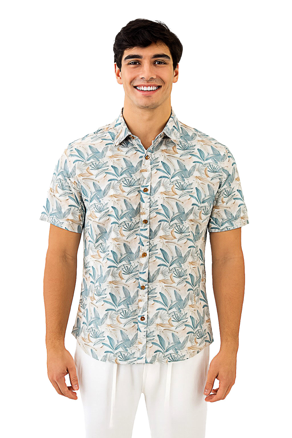 Men Cotton-Poly Short Sleeve Tropical Print Shirt-IVORY/SAGE-BOHIO - MRS3675 - 6 PCS/PRE-PACK