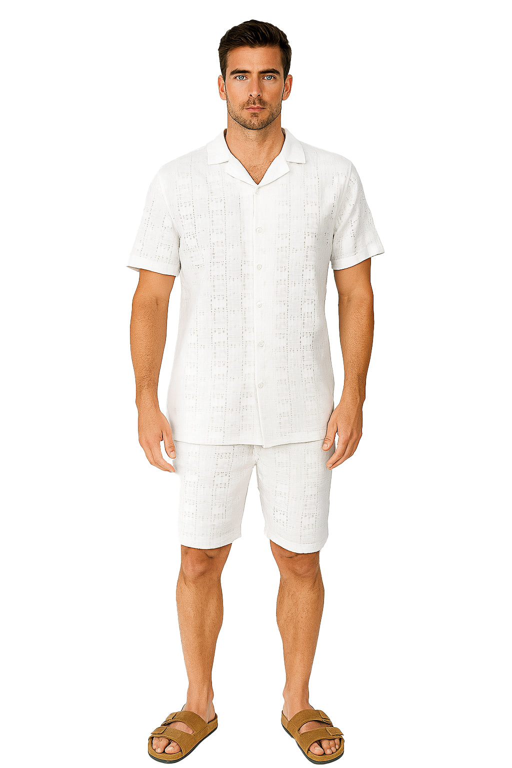 Men 2 Piece Set Button Down Shirt & Shorts-NATURAL-Color Options-MSH3713 - 6 PCS/PRE-PACK