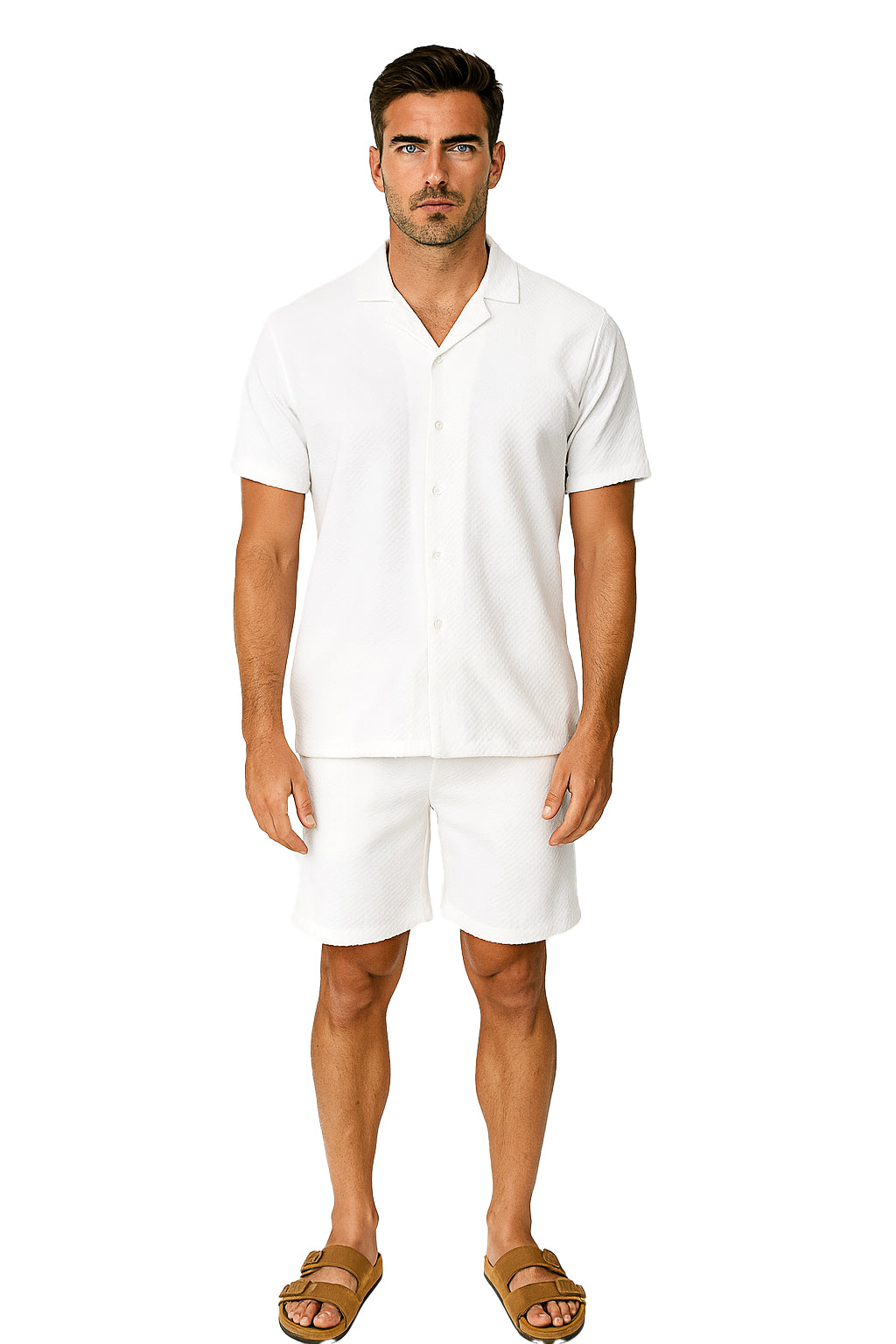 Men 2 Piece Set Button Down Shirt & Shorts-WHITE-Color Options-MSH3714 - 6 PCS/PRE-PACK