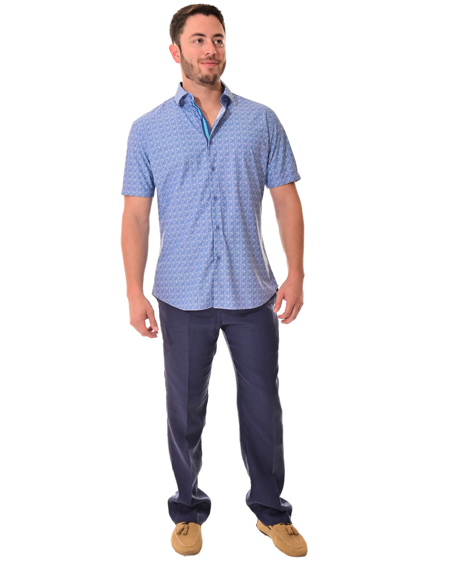 Men's S/S Button Down Shirt fashion Print by BOHIO - BLUE /PRINT - MKS3178 - 6 PCS/PRE-PACK