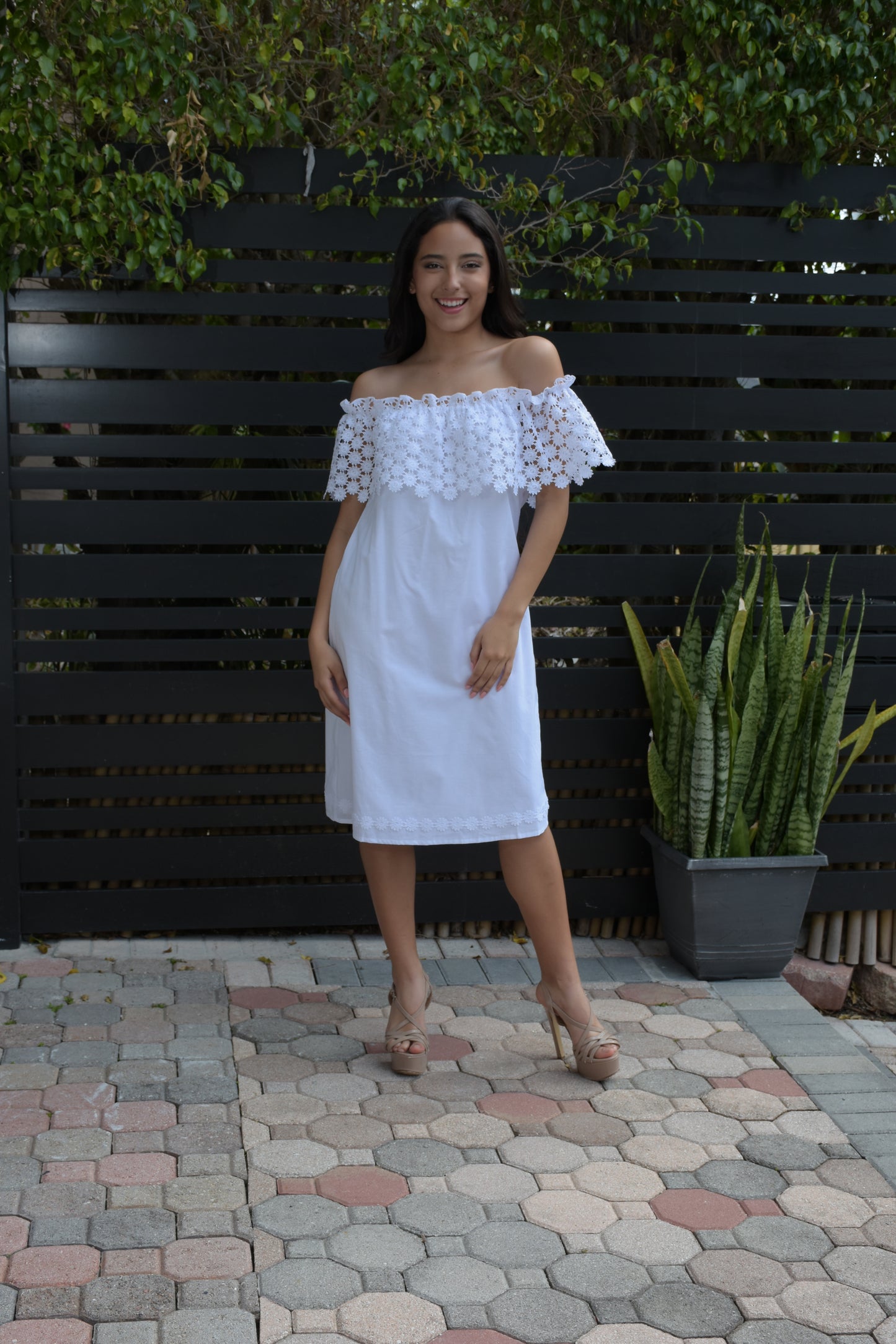 Ladies Summer Off-The-Shoulder Dress Knee Length White by AZUCAR - LRPD949 - 6 PCS/PRE-PACK