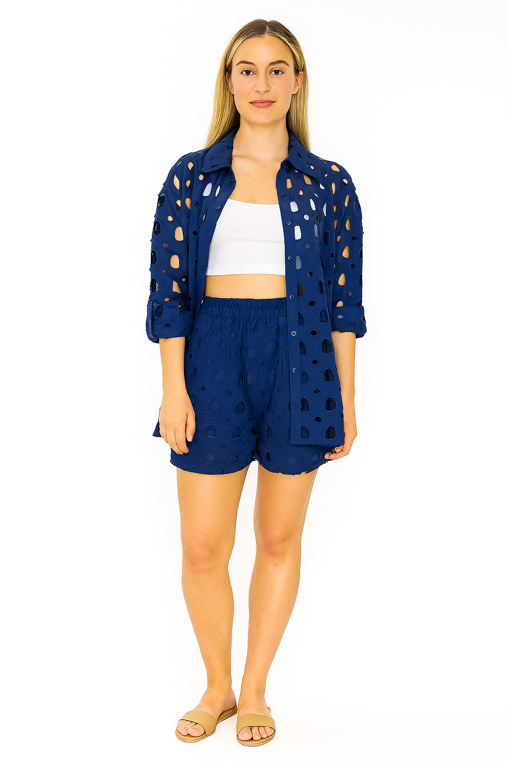 Ladies Eyelet Set Cotton Blouse & Short Casual White - Color Options by Azucar - LCS3719 - 6 PCS/PRE-PACK