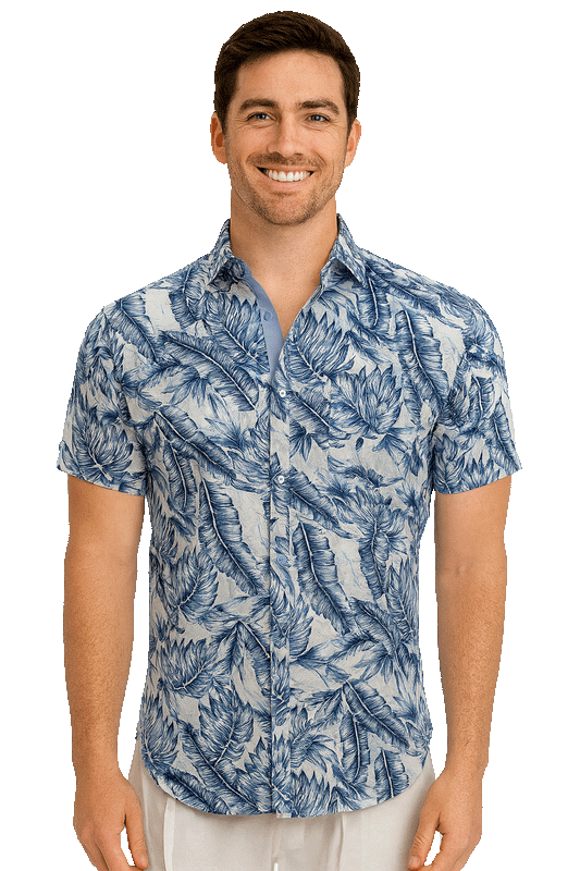 Men Cotton-Gauze Print Short Sleeve Shirt-BLUE PRINT-MAYAMERA-MCS3253 - 8 PCS/PRE-PACK