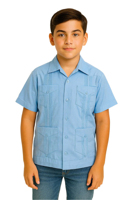 Boys Guayabera Short Sleeve Cotton Shirt by BOHIO-Lt. Blue-Color Options-BTCG1510 - 6 PCS/PRE-PACK