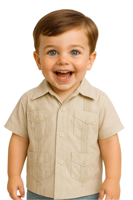 Boys Guayabera Short Sleeve Cotton Shirt by BOHIO - NATURAL - Color Options - BTCG1510 - 6 PCS/PRE-PACK