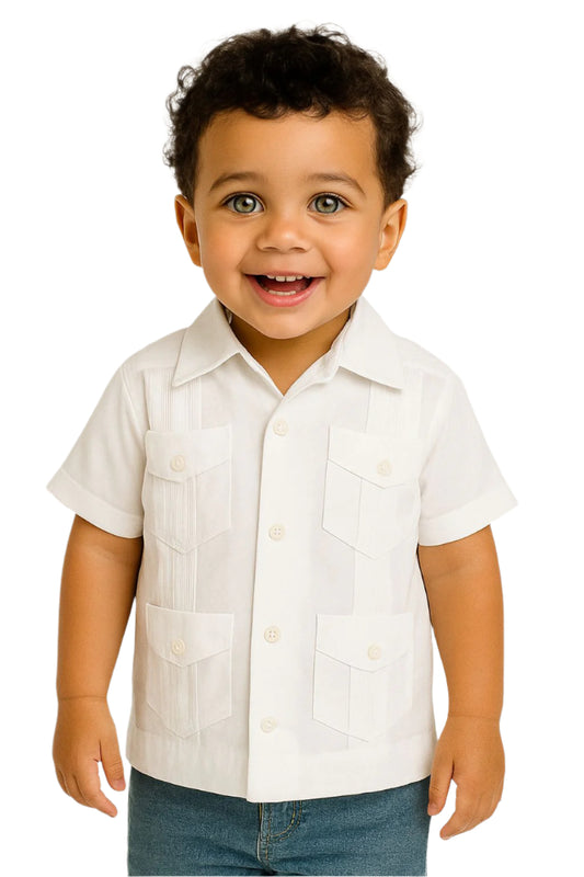 Boys Guayabera Short Sleeve Cotton Shirt by BOHIO-WHITE-Color Options-BTCG1510 - 6 PCS/PRE-PACK