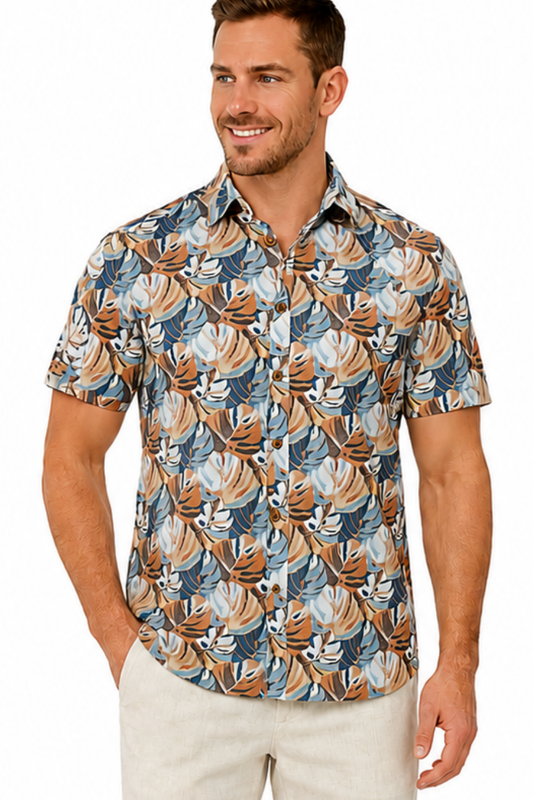 Camisa de manga corta con estampado tropical de algodón y poliéster para hombre - BLANCO/BEIGE - MAYAMERA - BUR3551 - 8 UNID/PRE-PAQUETE