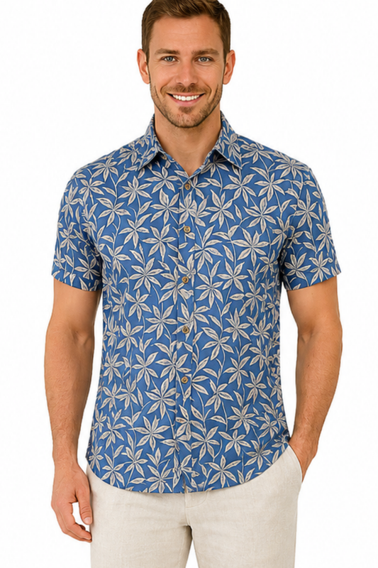Camisa de manga corta con estampado tropical de algodón y poliéster para hombre - BLANCO/BEIGE - MAYAMERA - BUR3551 - 8 UNID/PRE-PAQUETE