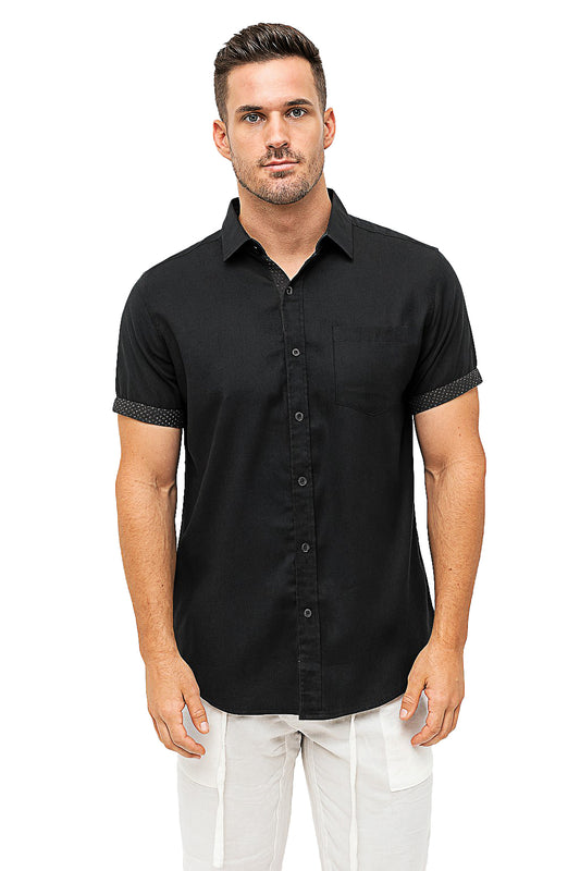 Men LINEN LOOK S/S Button Down Shirt Contrast Slv Trim - BLACK - BUR3621 - Color Options - 8 PCS/PRE-PACK