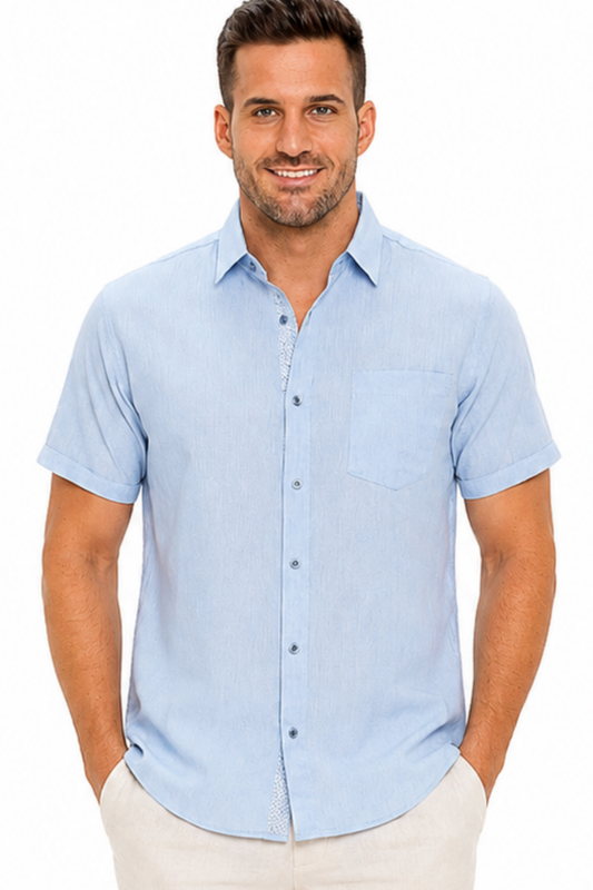 Camisa de lino de manga corta con botones para hombre, ribete de manga en contraste - AZUL CLARO - BUR3621 - Opciones de color - 8 UNID/PREEMPACADO