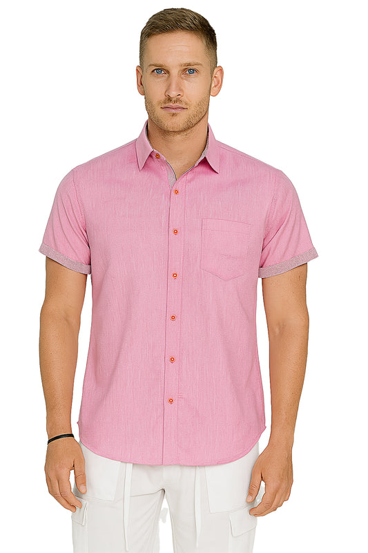 Men LINEN LOOK S/S Button Down Shirt Contrast Slv Trim-PINK-BUR3621 - Color Options - 8 PCS/PRE-PACK