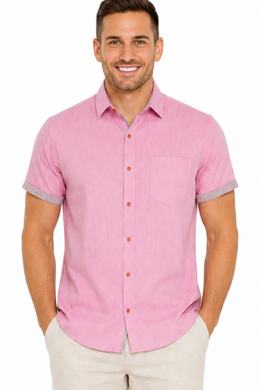 Camisa de hombre MANGA CORTA efecto LINO con botones y ribete de manga en contraste - ROSA - BUR3621 - Opciones de color - 8 UNID/PRE-PAQUETE