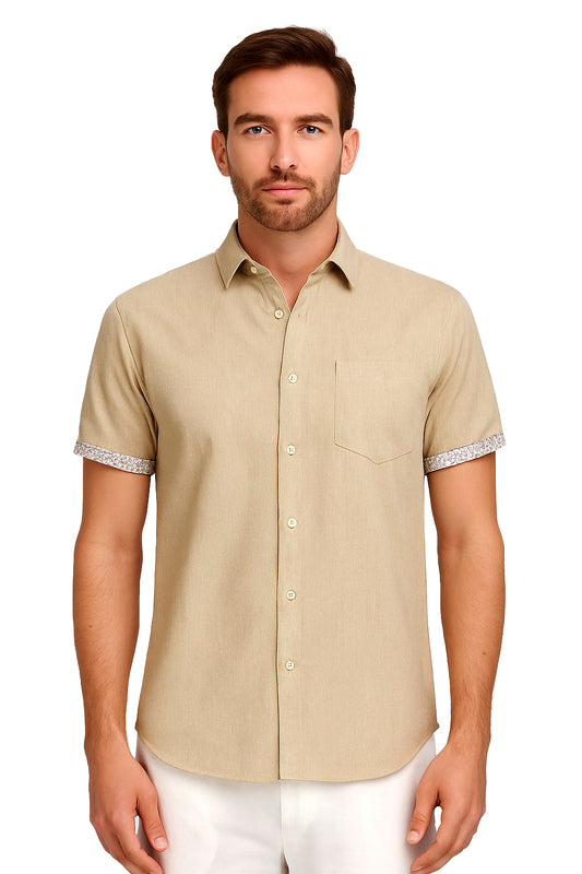 Men LINEN LOOK S/S Button Down Shirt Contrast Slv Trim-NATURAL- Color Options - BUR3622 - 8 PCS/PRE-PACK