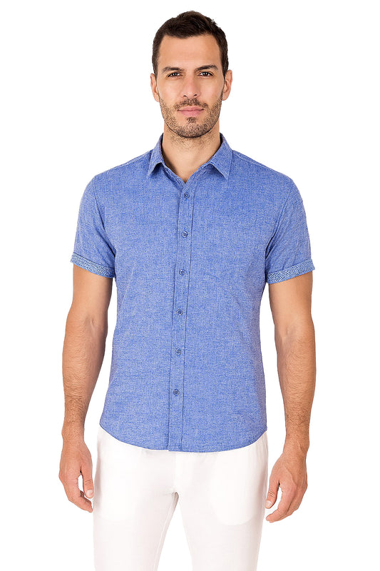 Men LINEN LOOK S/S Button Down Shirt Contrast Slv Trim-BLUE- Color Options - BUR3622 - 8 PCS/PRE-PACK