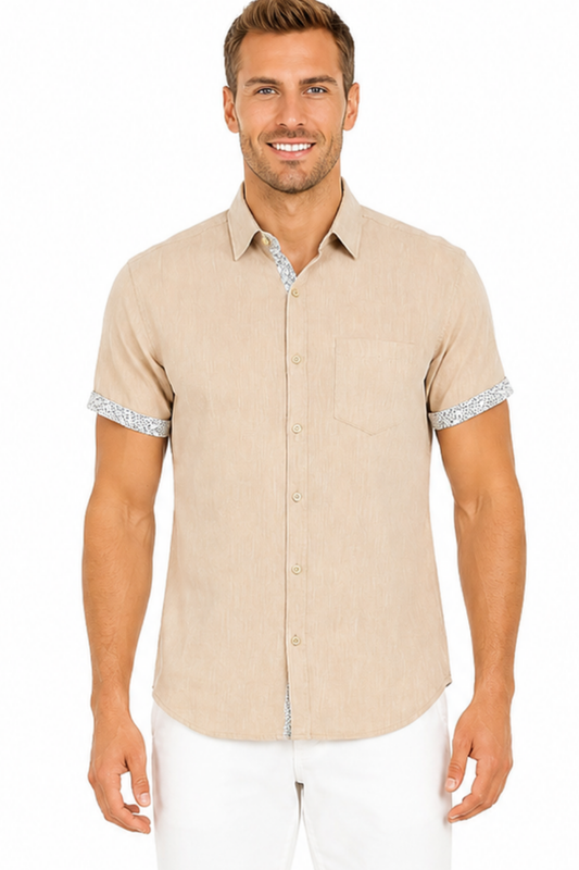 Camisa de hombre con apariencia de lino, manga corta, con botones, ribete de manga en contraste - NATURAL - Opciones de color - BUR3622 - 8 PIEZAS/PREEMPACADO