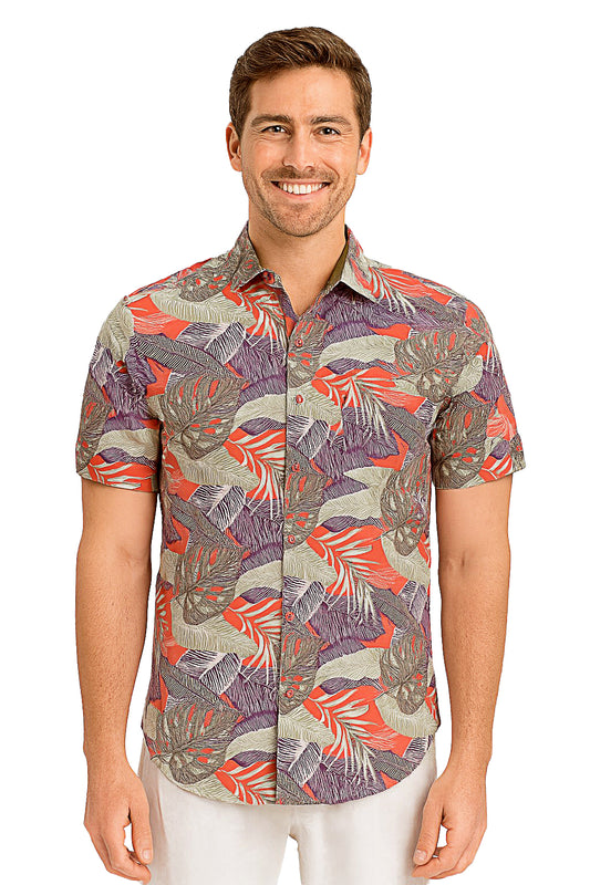 Men Cotton-Gauze Print Short Sleeve Shirt-SAGE-MAYAMERA-MCS3244B - 8 PCS/PRE-PACK