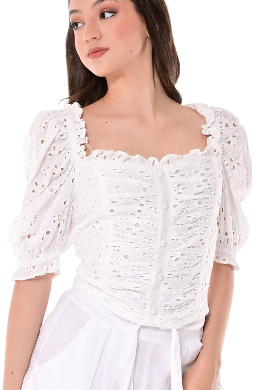 Ladies Eyelet Top Puffy Sleeves Blouse Cotton White by AZUCAR Color Options - LCB1714 - 6 PCS/PRE-PACK