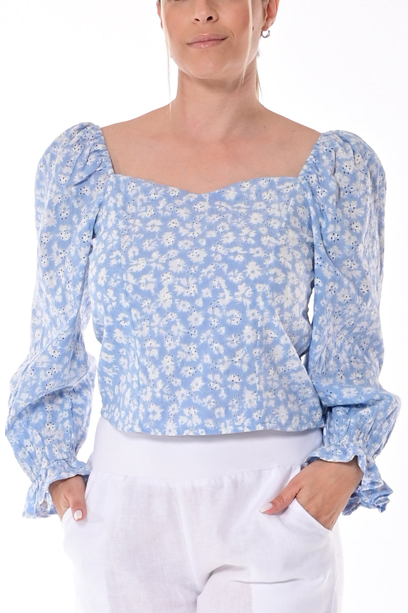 Ladies Eyelet Long Sleeve Blouse Cotton by AZUCAR-LT. BLUE-Color Options-LCB1718 - 6 PCS/PRE-PACK