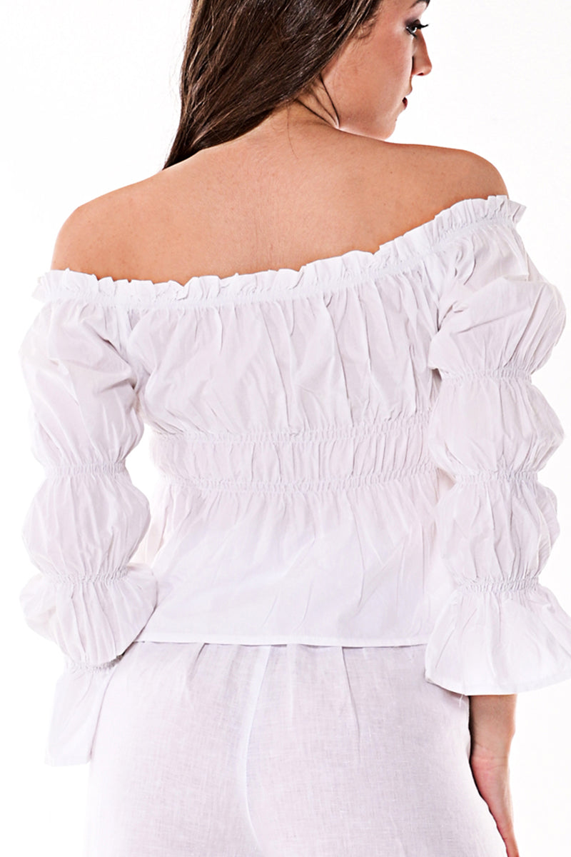 Ladies Off-the-Shoulder Top w/Puffy Sleeves Cotton-WHITE-LCB1729 - 6 PCS/PRE-PACK