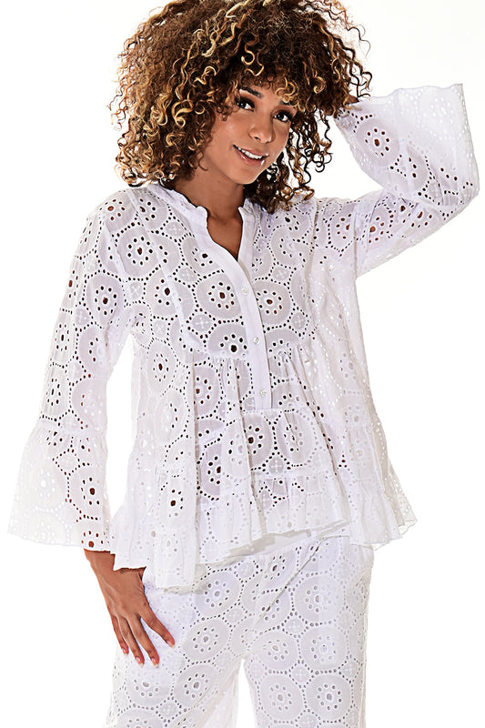 Ladies Eyelet Cotton Blouse L/S Casual Boho White by Azucar - LCB3114 - 6 PCS/PRE-PACK