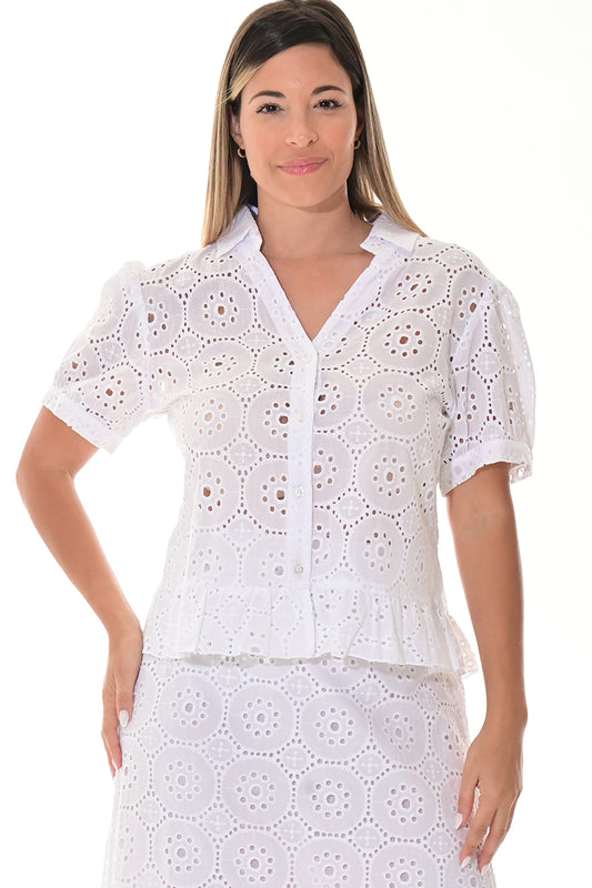 Ladies Eyelet Cotton Blouse S/S Casual Boho by AZUCAR White - LCB3115-P - 6 PCS/PRE-PACK
