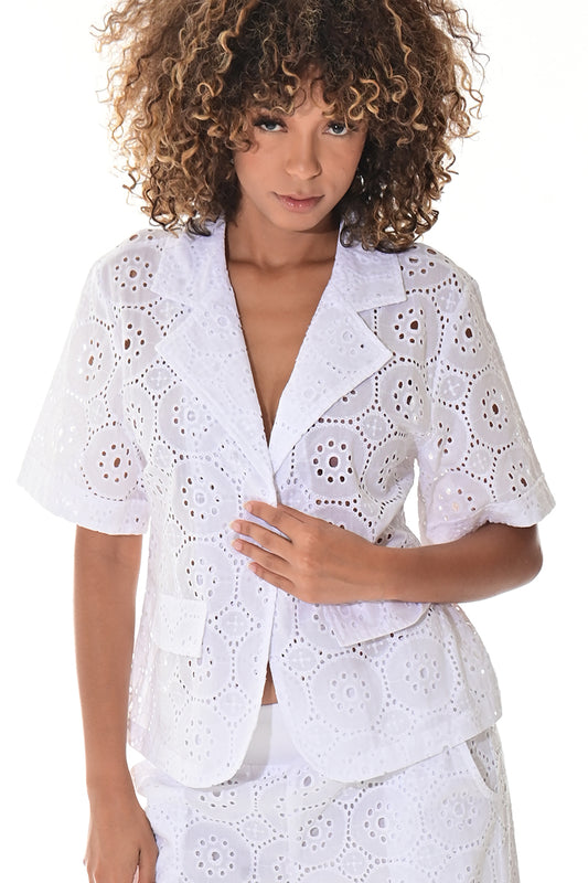 Ladies Eyelet Cotton Blazer Boho S/S Casual Jacket by AZUCAR White - LCB3117 - 6 PCS/PRE-PACK