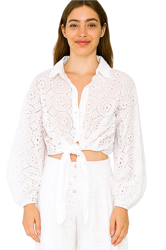Ladies Eyelet Cotton Crop Top Blouse L/S Boho Casual White by AZUCAR - LCB3118 - 6 PCS/PRE-PACK