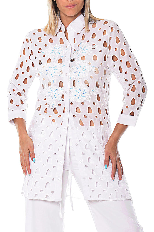 Women's L/S Button Down Top Large Eyelet Casual by AZUCAR - LCD218 - 6 PCS/PRE-PACK