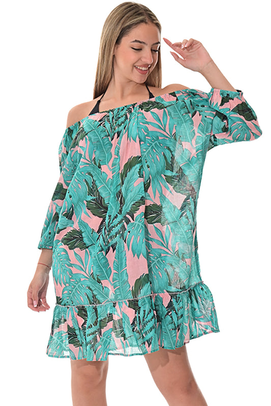 Swimsuit Cover-Up Off-the-Shoulder Tunic Tropical Palm Leaf by AZUCAR - LCD3600