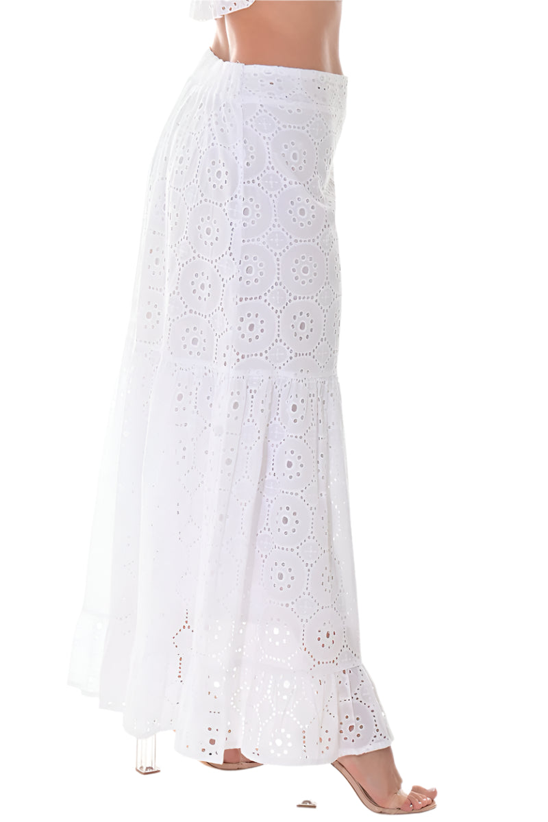 Ladies Eyelet Cotton Skirt Boho Casual Long Length WHITE by AZUCAR - LCK3119 - 6 PCS/PRE-PACK
