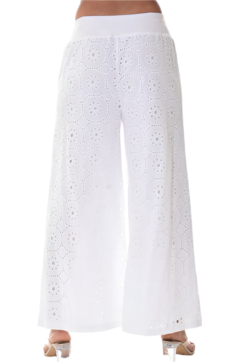 White lace EYELET pants on a white background