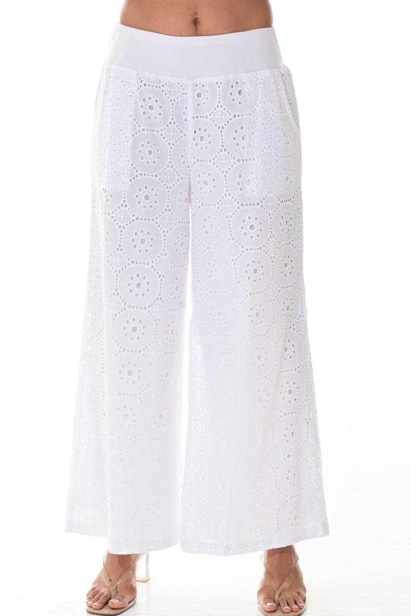 Ladies Eyelet Cotton Pants Boho Casual Long Length White - LCP3120 - 6 PCS/PRE-PACK