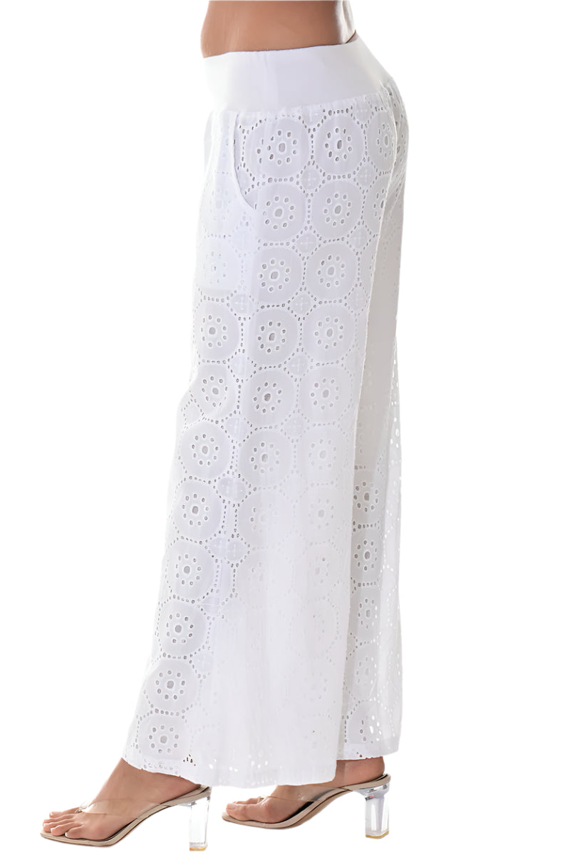 Ladies Eyelet Cotton Pants Boho Casual Long Length White - LCP3120 - 6 PCS/PRE-PACK