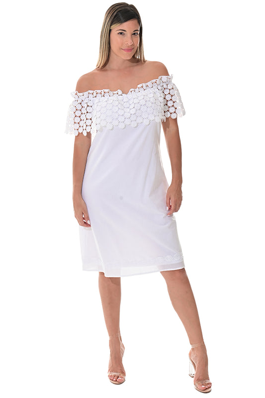 Ladies Summer Off-The-Shoulder Dress Knee Length White by AZUCAR - LRPD949 - 6 PCS/PRE-PACK
