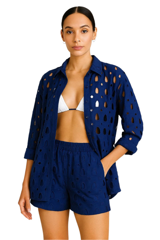 Ladies Eyelet Set Cotton Blouse & Short Casual - Navy - Color Options by Azucar - LCS3719 - 6 PCS/PRE-PACK