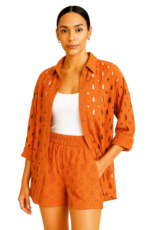 Ladies Eyelet Set Cotton Blouse & Short Casual Beach - Orange - Color Options by Azucar - LCS3719 - 6 PCS/PRE-PACK