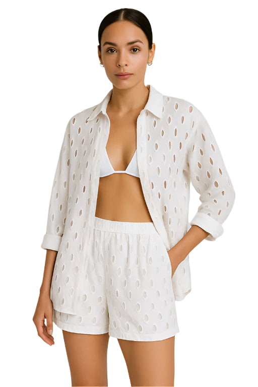 Ladies Eyelet Set Cotton Blouse & Short Casual White - Color Options by Azucar - LCS3719 - 6 PCS/PRE-PACK