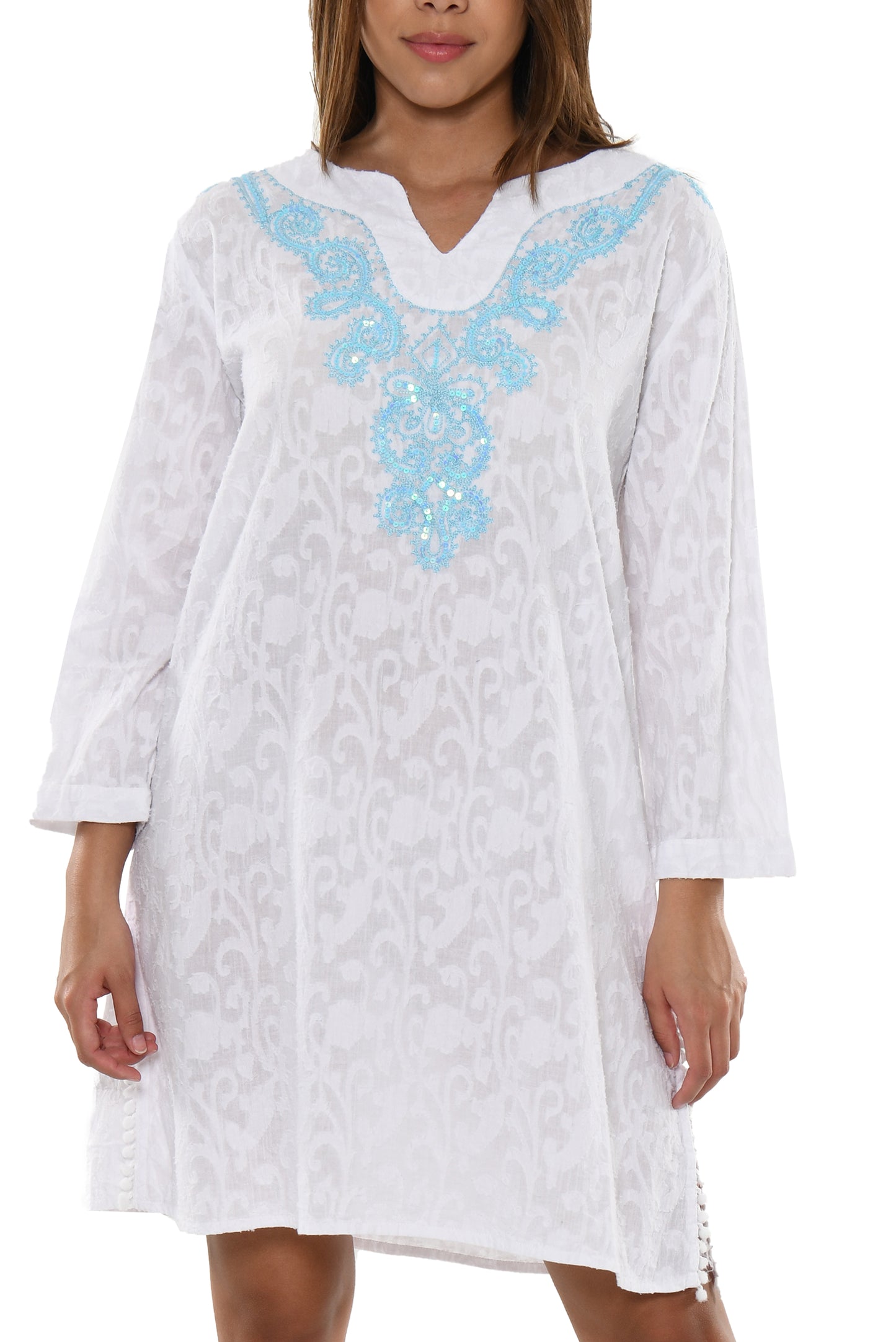 Women's Swimsuit Cover-Up Long Sleeves Cotton White Kaftan  by AZUCAR -WHITE- LCT230 - 6 PCS/PRE-PACK